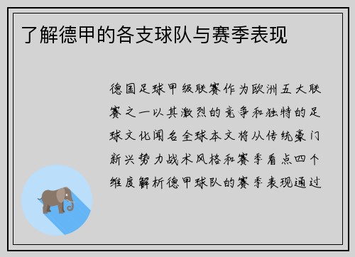 了解德甲的各支球队与赛季表现