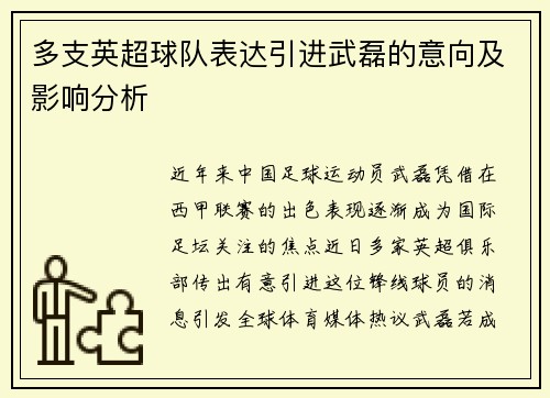 多支英超球队表达引进武磊的意向及影响分析